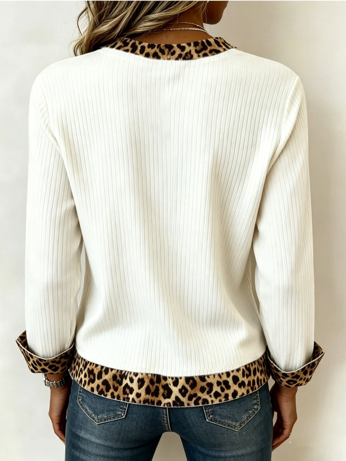 Ribbed V Neck Top with Animal Print Trim and Relaxed Fit