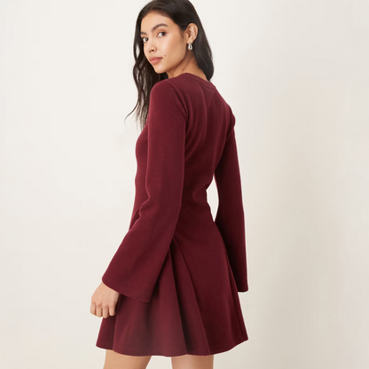 Long Sleeve Godet Mini Dress in Burgundy