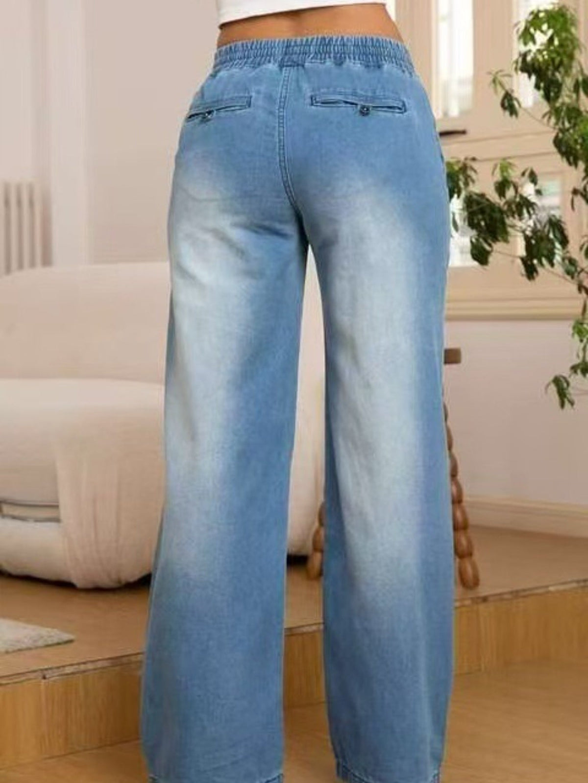Wide-Leg Trousers with Adjustable Drawstring Waist and Light Wash