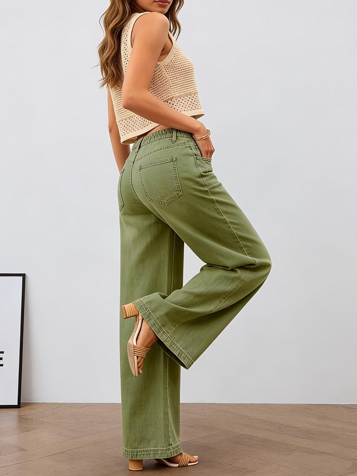 Elastic Waist Wide Leg Pants with High Rise and Functional Pockets