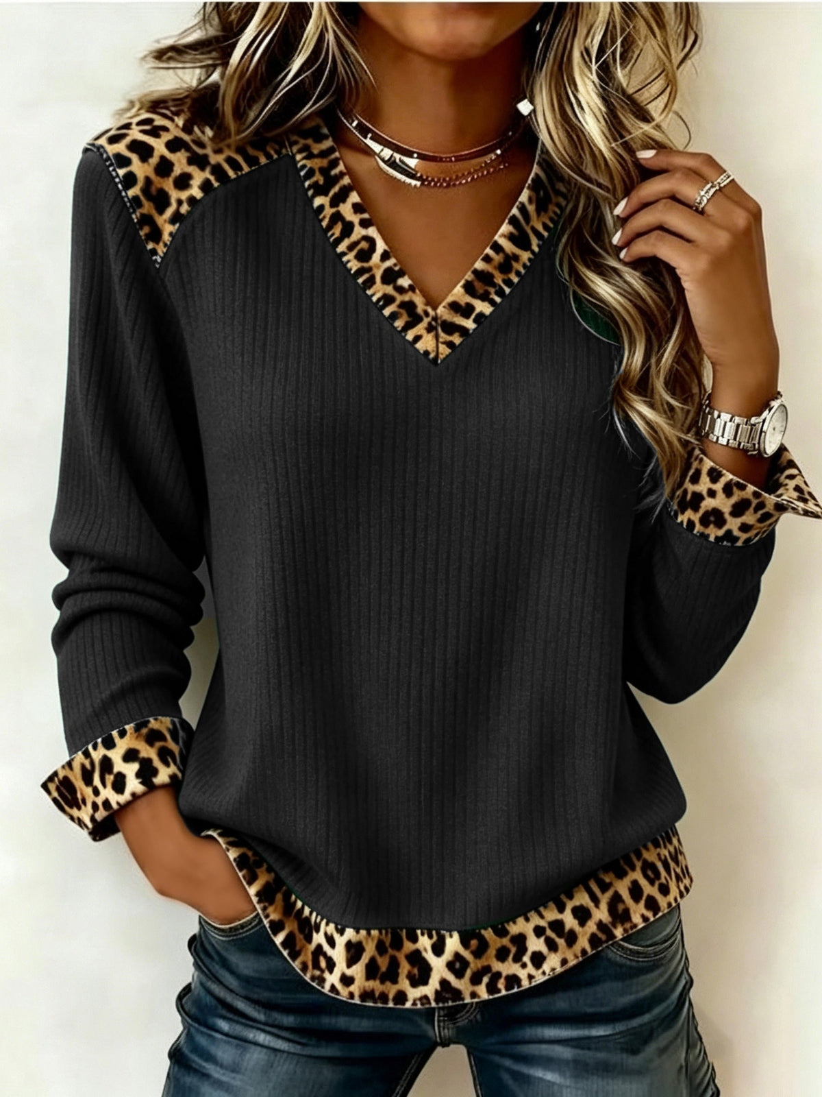 Ribbed V Neck Top with Animal Print Trim and Relaxed Fit
