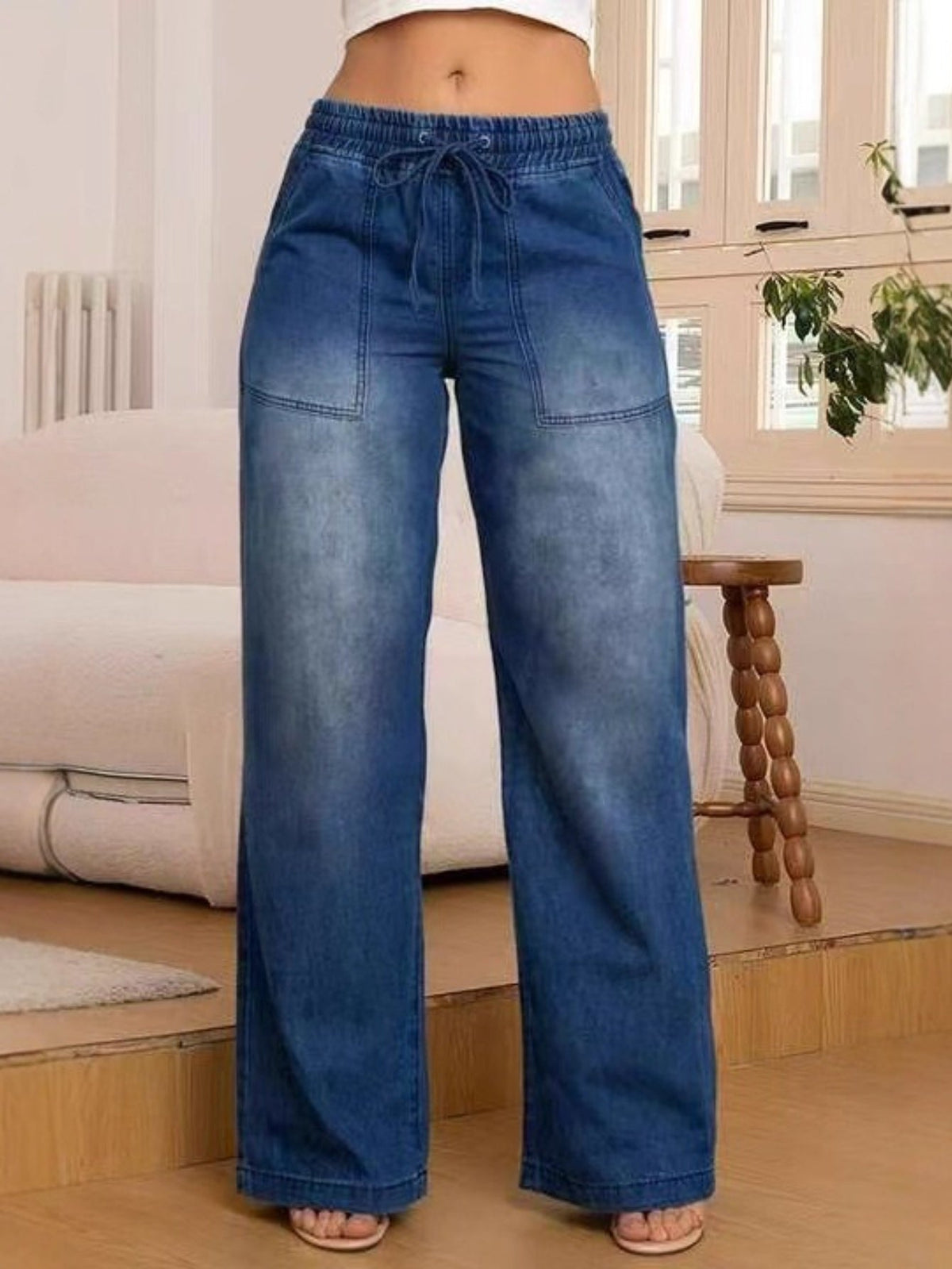 Wide-Leg Trousers with Adjustable Drawstring Waist and Light Wash