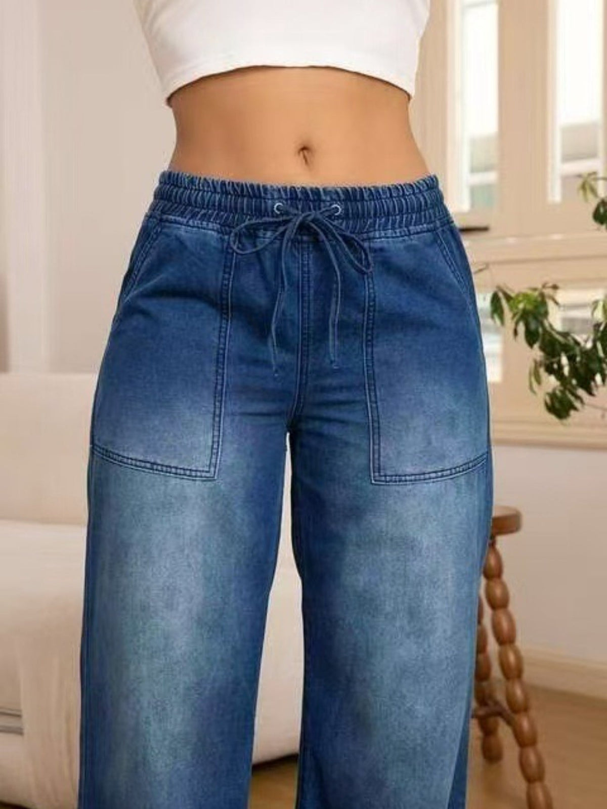 Wide-Leg Trousers with Adjustable Drawstring Waist and Light Wash