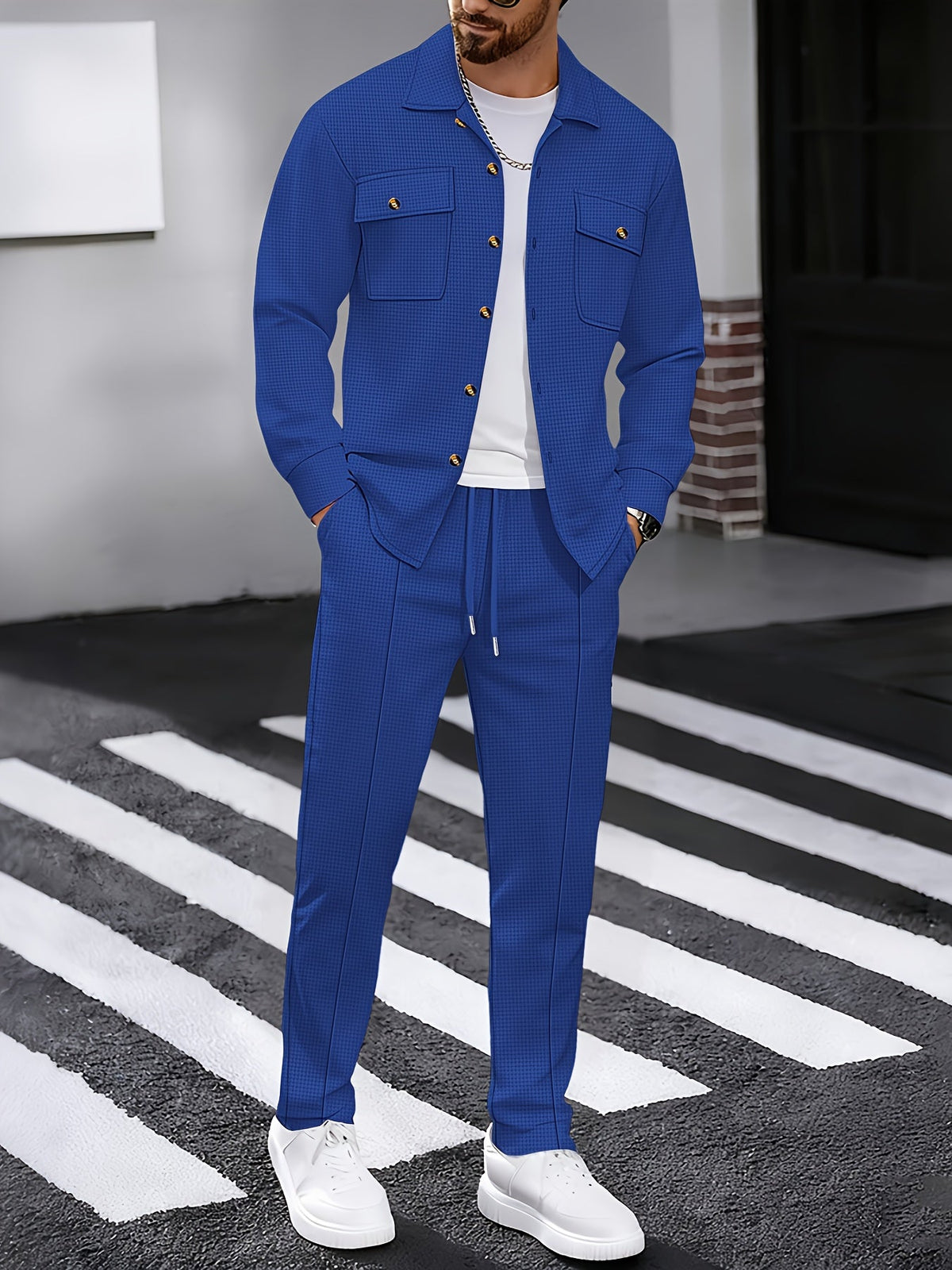 Button Front Top and Matching Trousers with Drawstring Waist, Textured Fabric