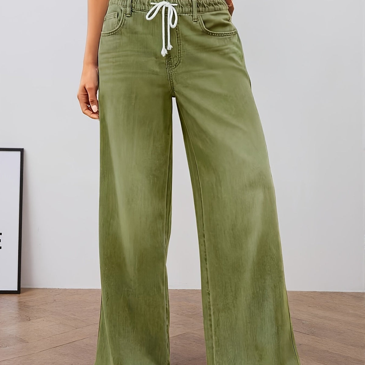 Elastic Waist Wide Leg Pants with High Rise and Functional Pockets
