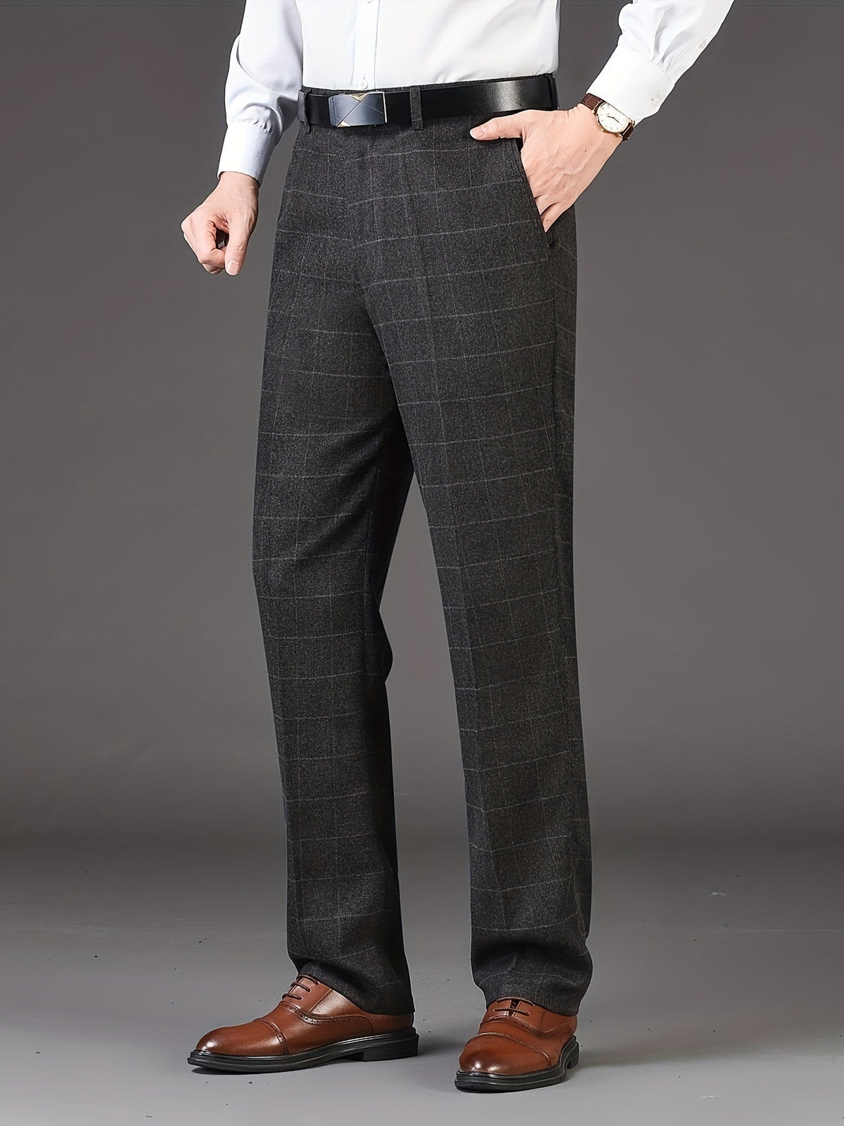 Straight Leg Trousers with High Rise Waist and Check Pattern, Wrinkle Resistant