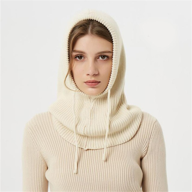 Hooded Knit Hat with Drawstring Closure and Wool Construction