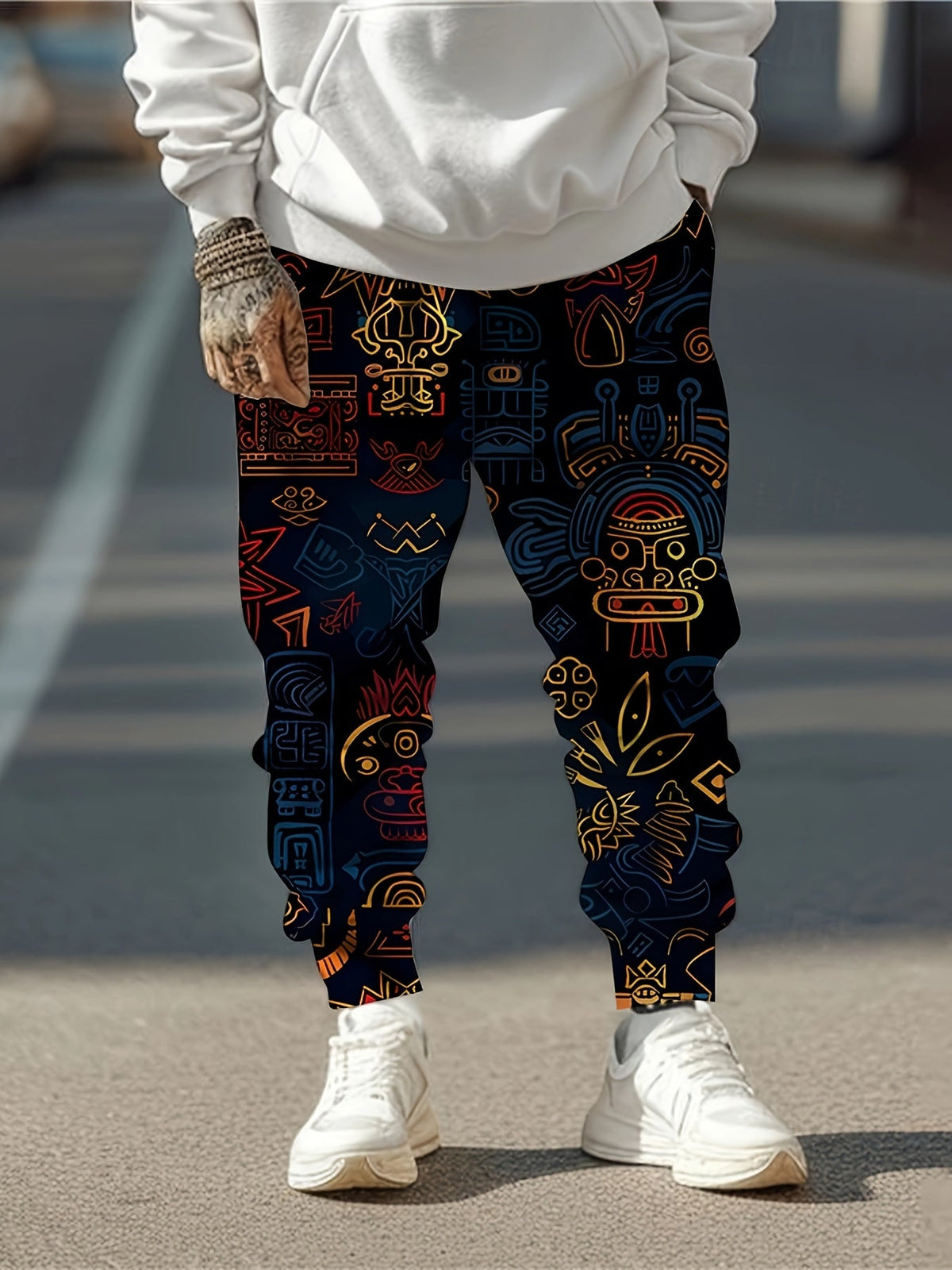 Artistic Print Joggers with Tapered Legs and Drawstring Waist, Cuffed Ankles