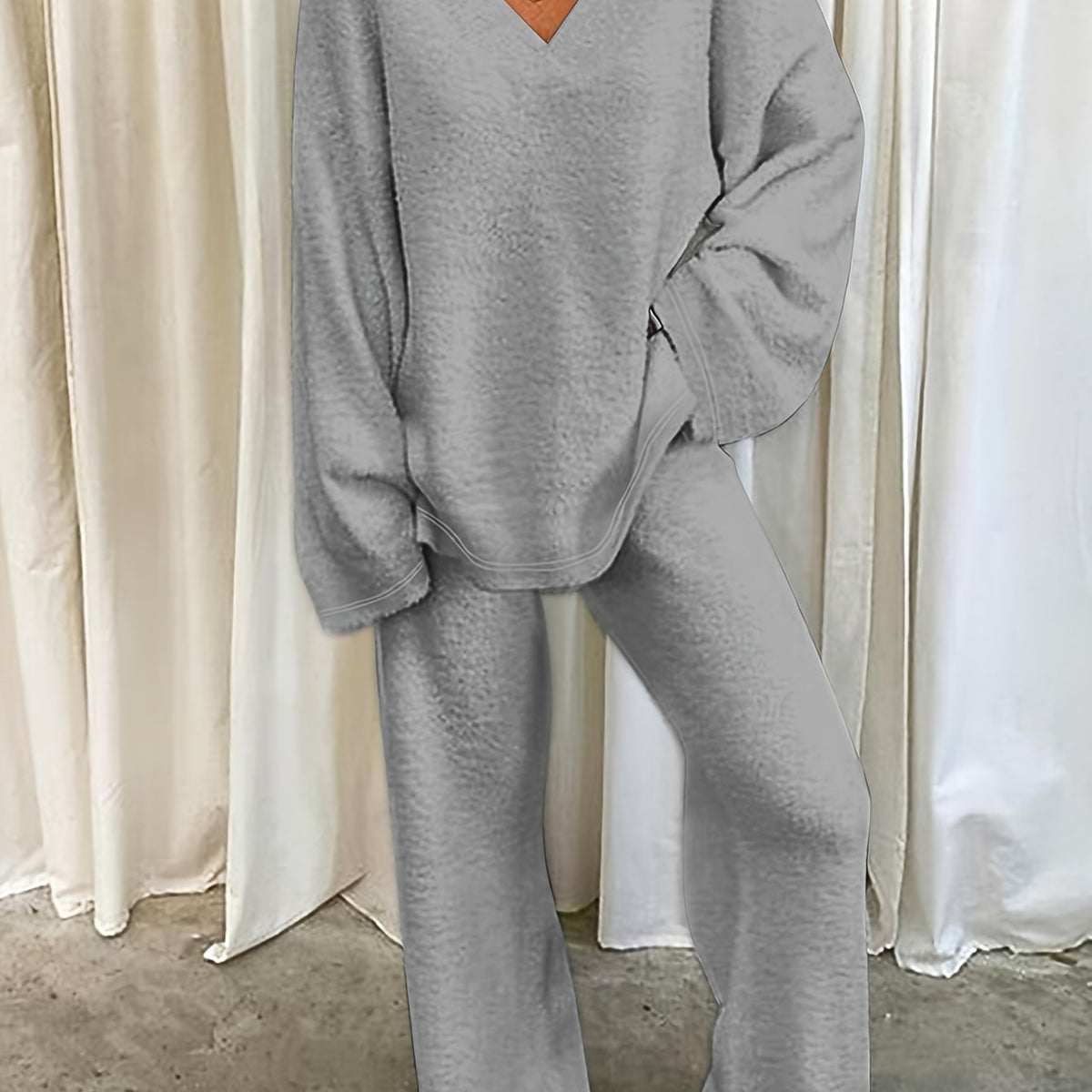 V Neck Pullover Top with Wide Leg Trousers, Two Piece Lounge Set