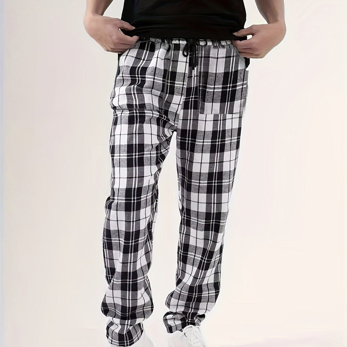Plaid Lounge Pants with Elastic Drawstring Waist and Relaxed Leg Cut