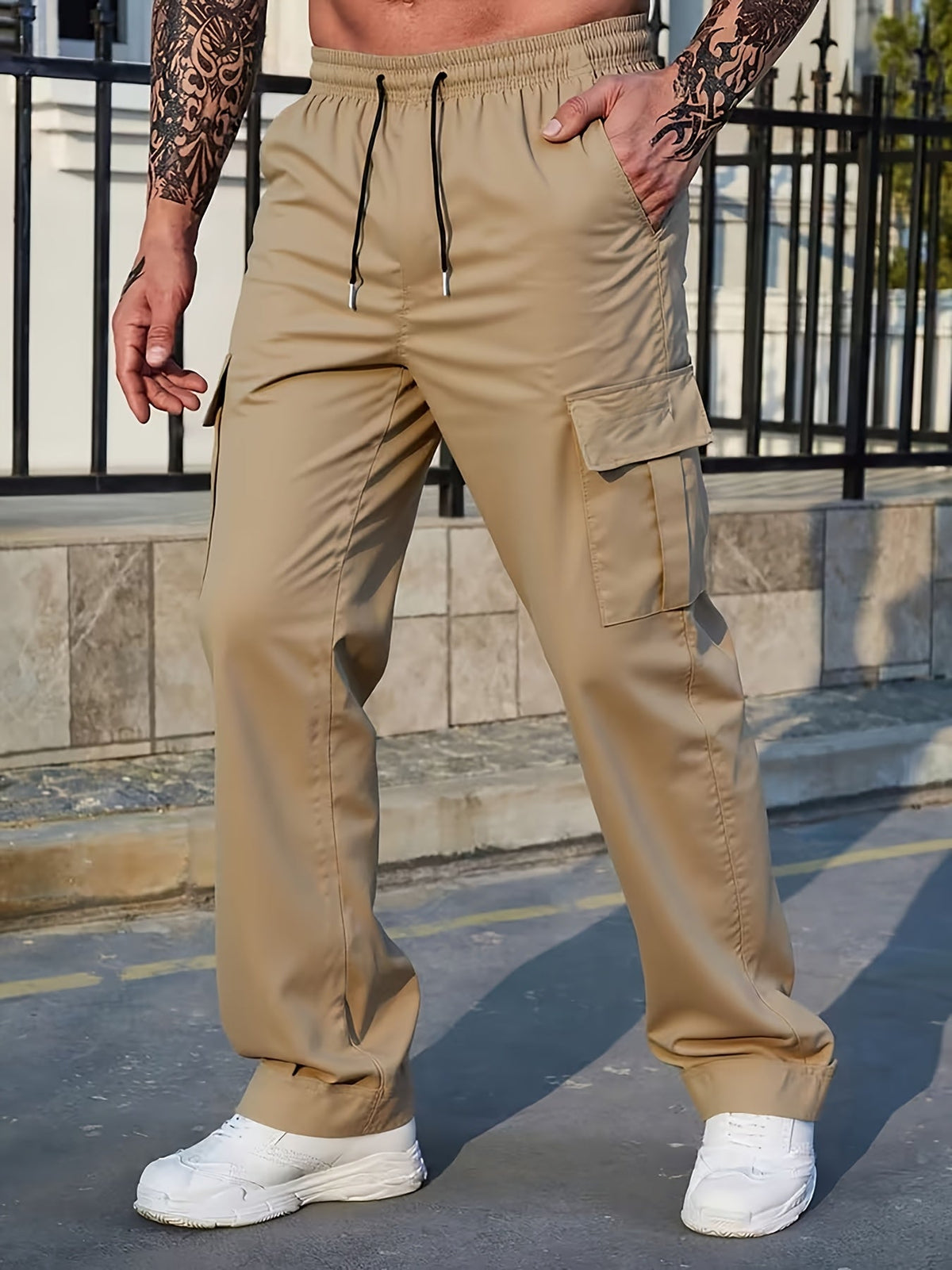 Cargo Pants with Adjustable Drawstring Waist and Multiple Pockets, Straight Leg