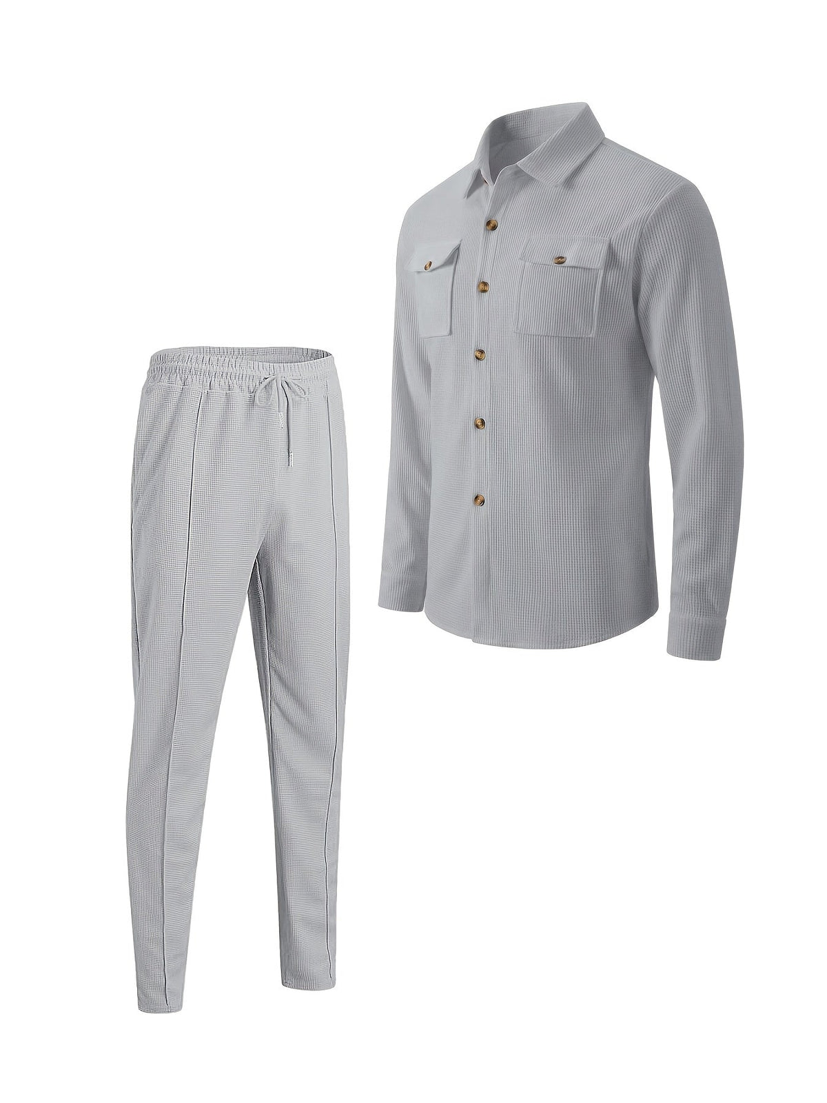 Button Front Top and Matching Trousers with Drawstring Waist, Textured Fabric