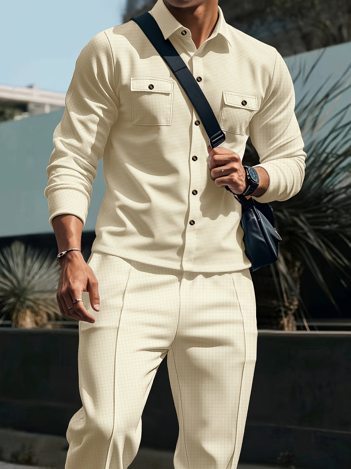 Button Front Top and Matching Trousers with Drawstring Waist, Textured Fabric