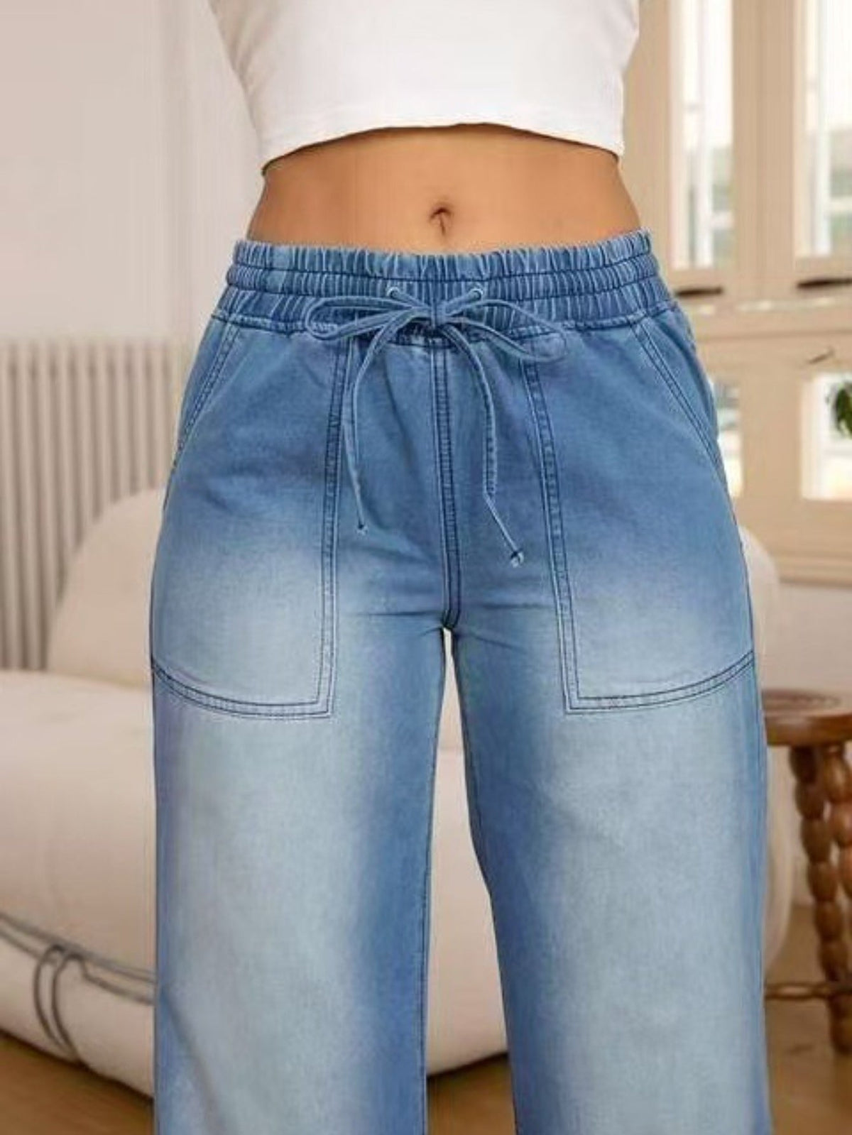 Wide-Leg Trousers with Adjustable Drawstring Waist and Light Wash