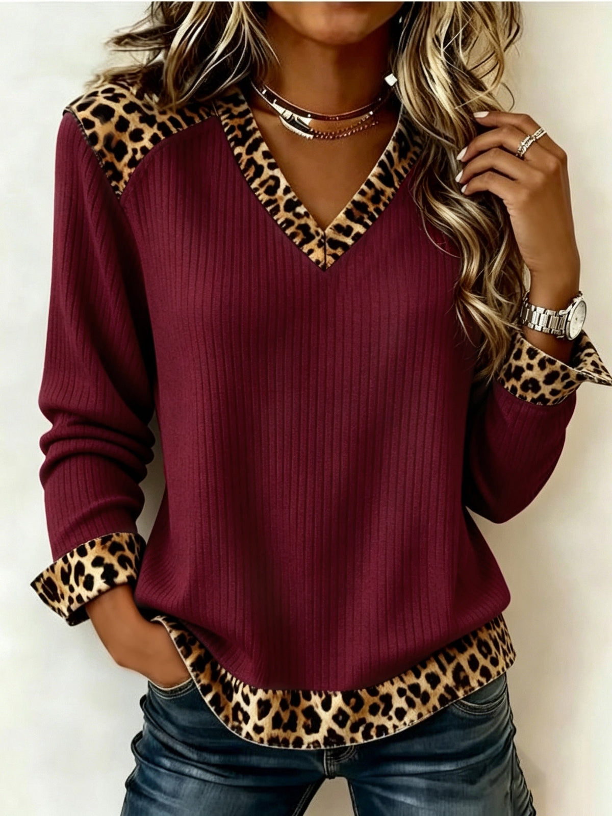 Ribbed V Neck Top with Animal Print Trim and Relaxed Fit