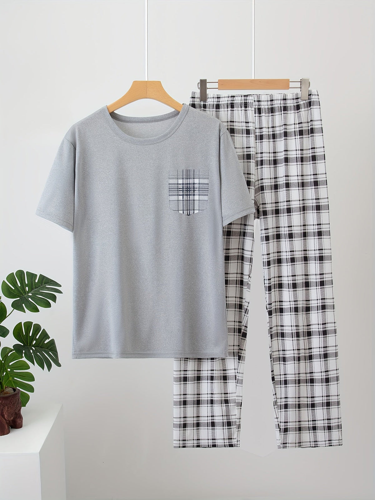 Checkered Lounge Set with Short Sleeve Top and Elastic Waist Pants