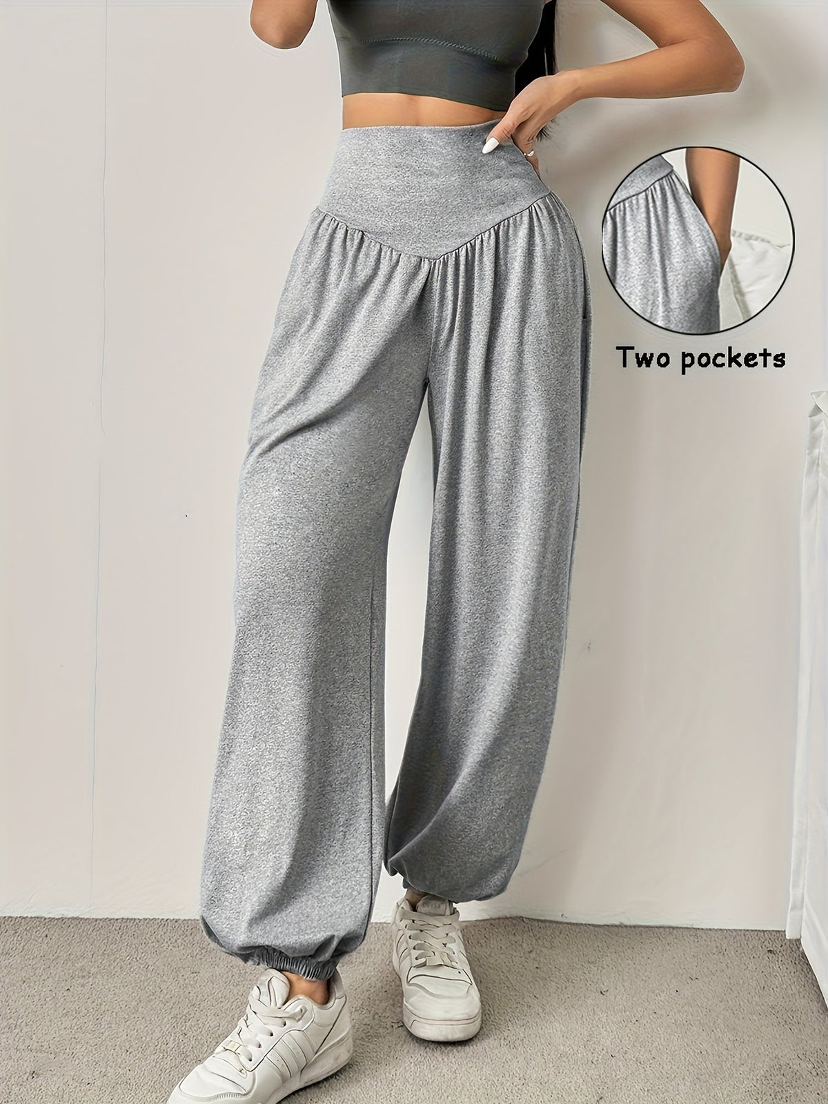 High Waist Balloon Pants with Crossover Waistband, Cuffed Ankles and Side Pockets