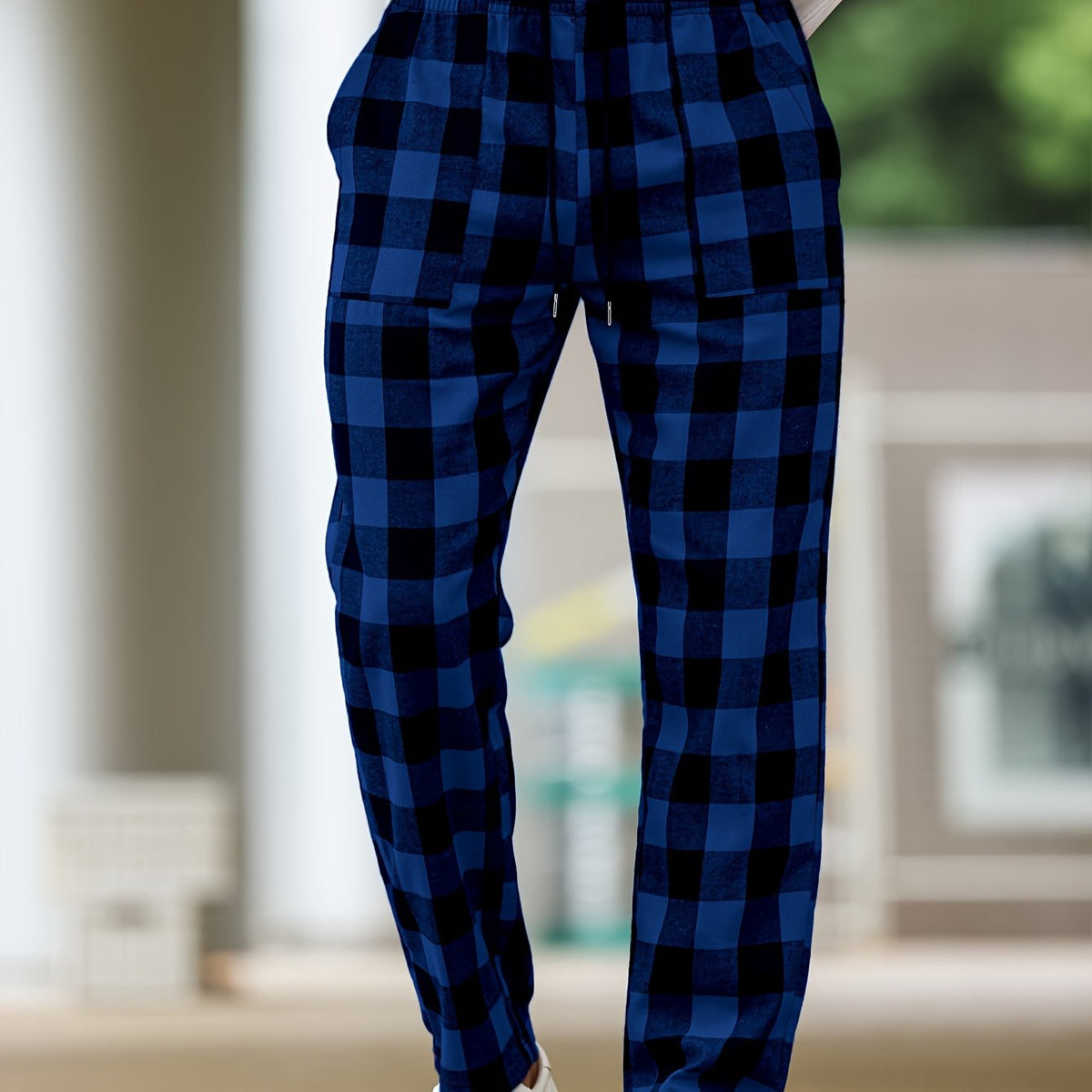 Plaid Lounge Pants with Elastic Drawstring Waist and Relaxed Leg Cut