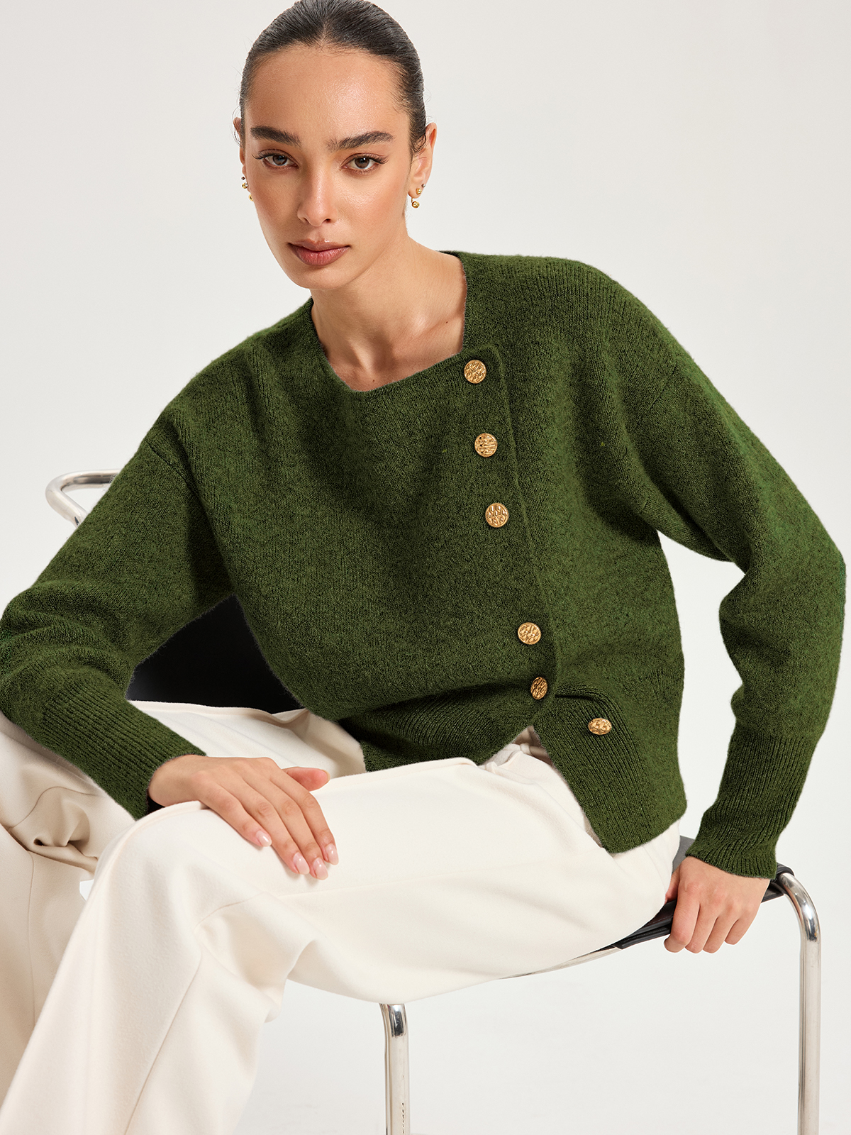 Knit Sweater with Metal Button Detail and Wool Blend, Regular Fit