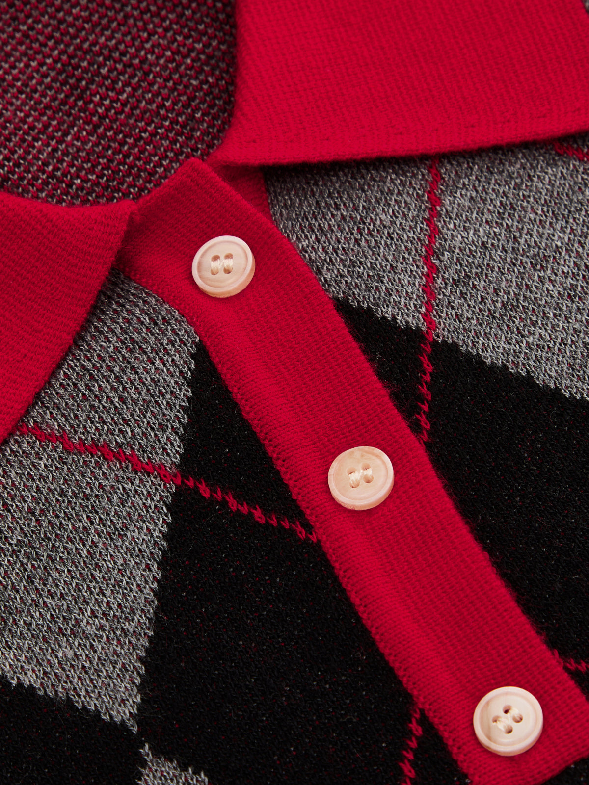 Argyle Polo Collar Knit Sweater with High Stretch Blend and Relaxed Fit