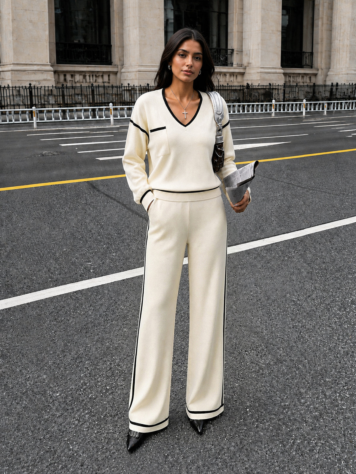 Knit Lounge Set with High Stretch Fabric and Elastic Waistband Pants
