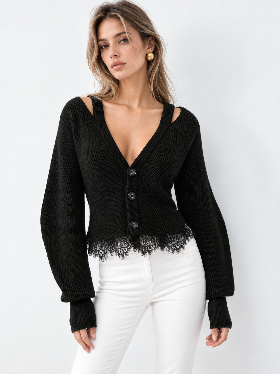 Button Front Knit Cardigan with Lace Hem and Stretch Fabric