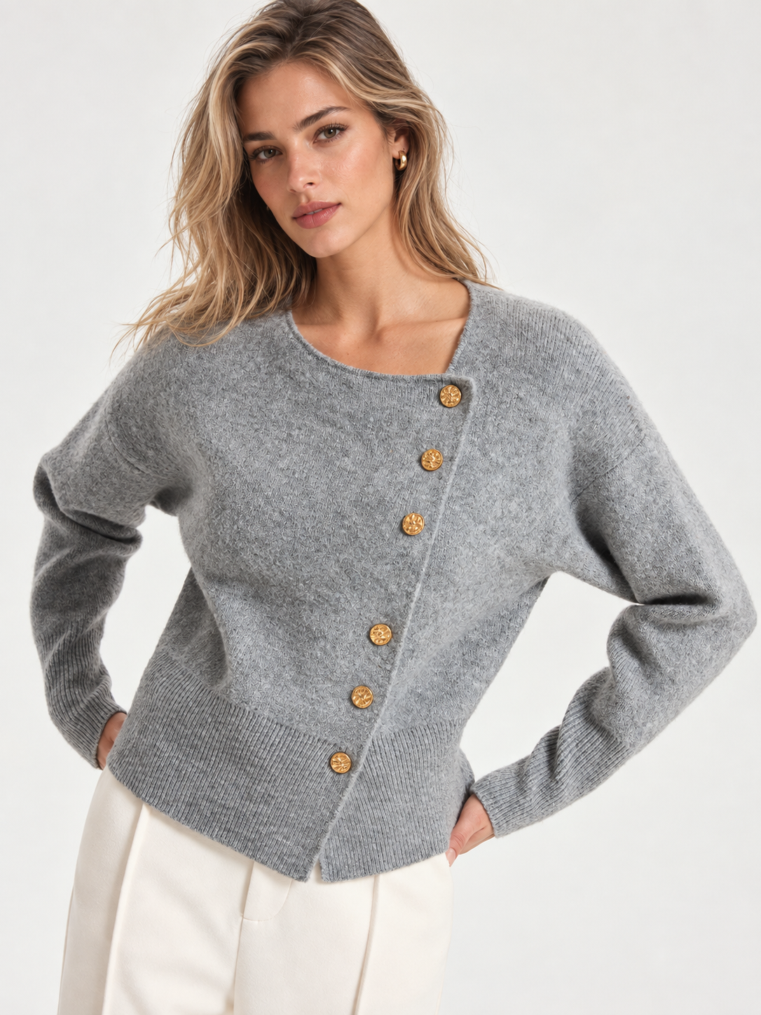 Knit Sweater with Metal Button Detail and Wool Blend, Regular Fit