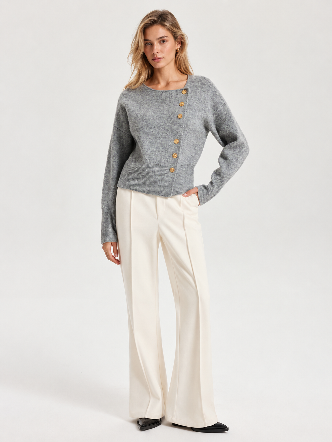 Knit Sweater with Metal Button Detail and Wool Blend, Regular Fit