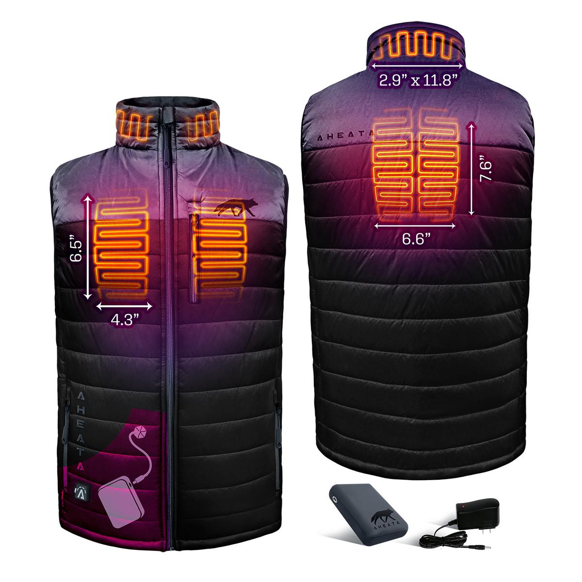 Heated vest showing heating element placement and dimensions with included battery pack and charger