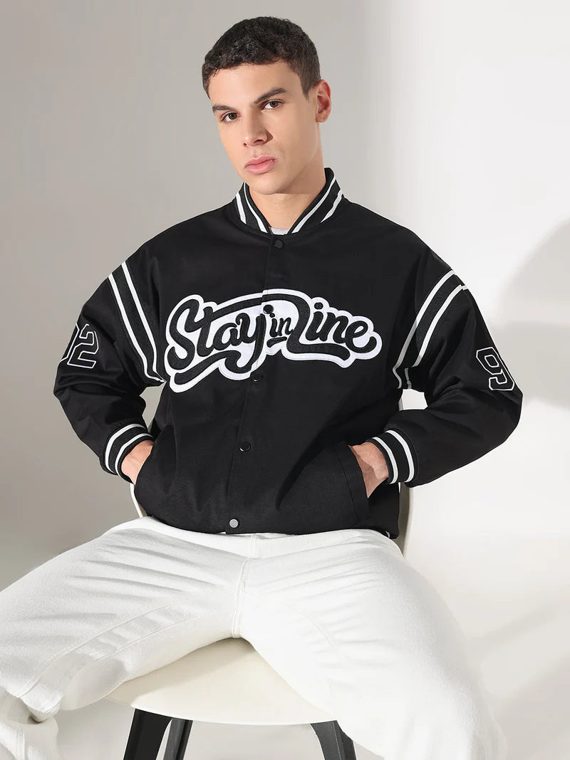 Men’s Black Mandarin Collar Varsity Jacket, Typography Graphic