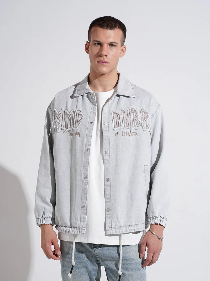Men’s Gray Typography Denim Jacket, Embroidered Detail