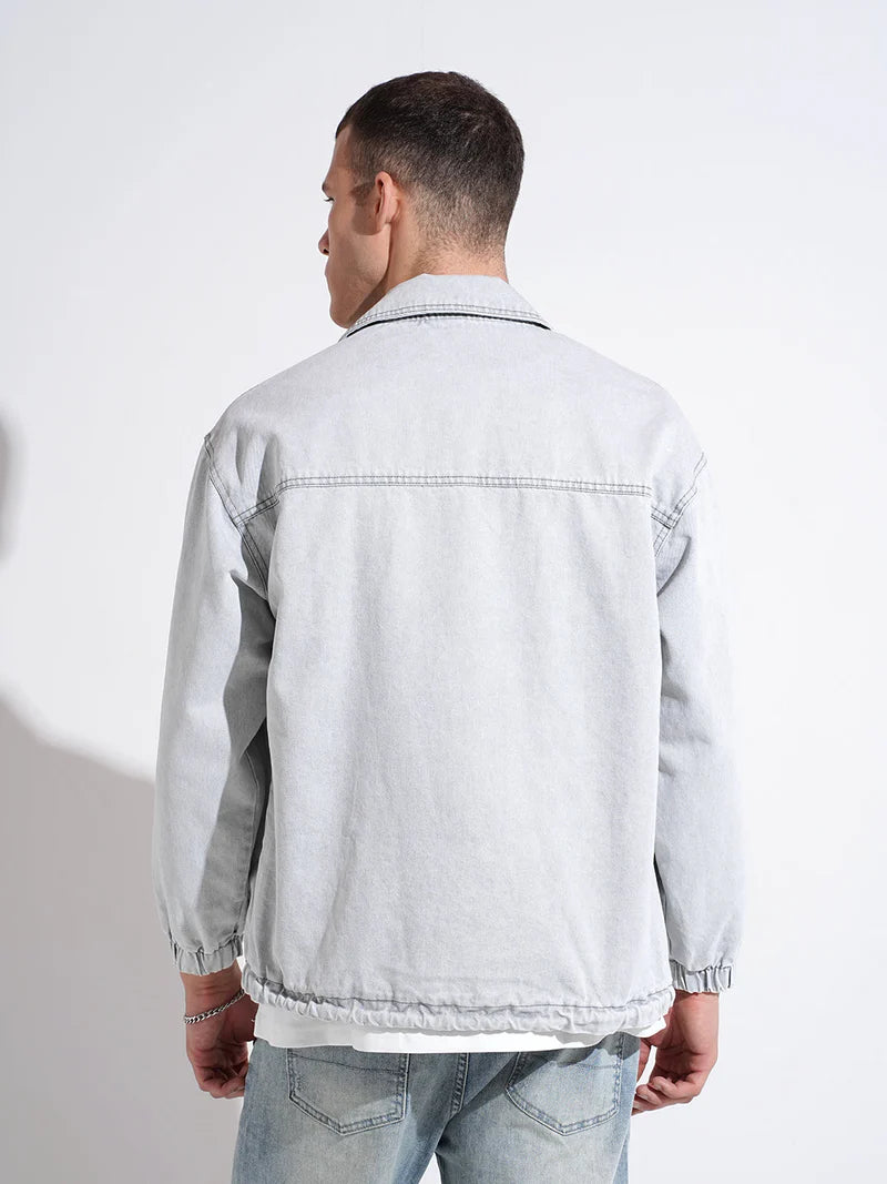 Men’s Gray Typography Denim Jacket, Embroidered Detail