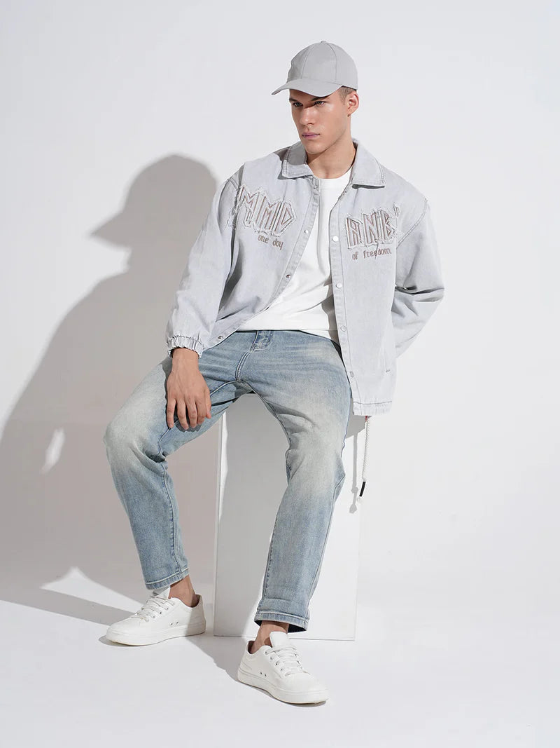Men’s Gray Typography Denim Jacket, Embroidered Detail