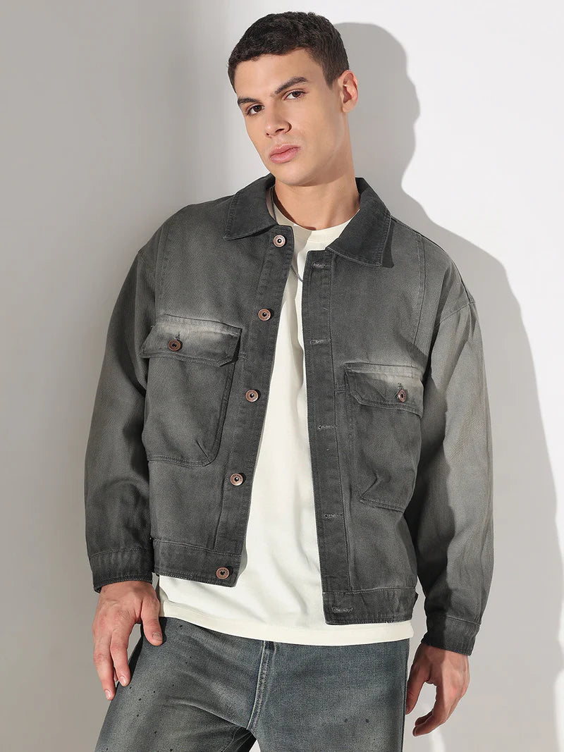 Men’s Grey Washed Denim Jacket, Utility Pocket Design