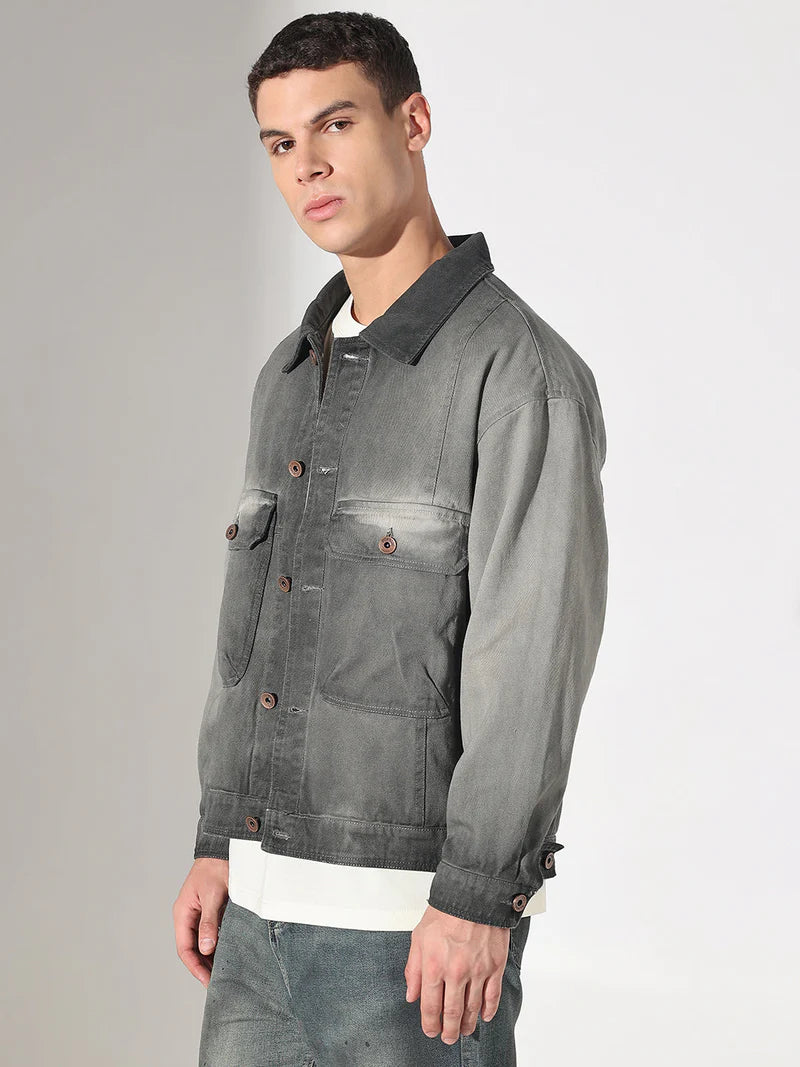 Men’s Grey Washed Denim Jacket, Utility Pocket Design
