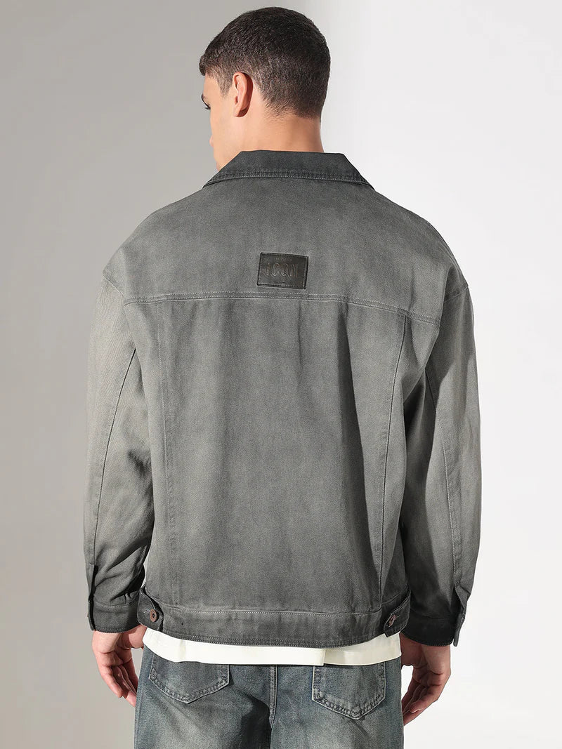 Men’s Grey Washed Denim Jacket, Utility Pocket Design