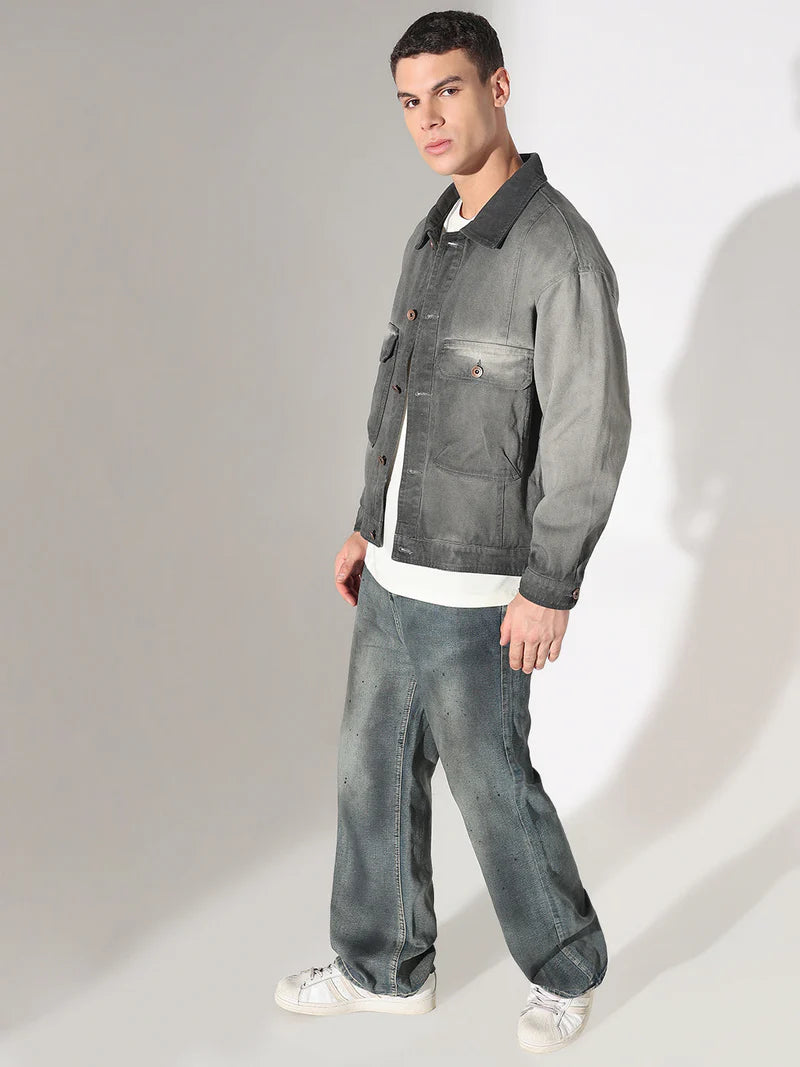 Men’s Grey Washed Denim Jacket, Utility Pocket Design