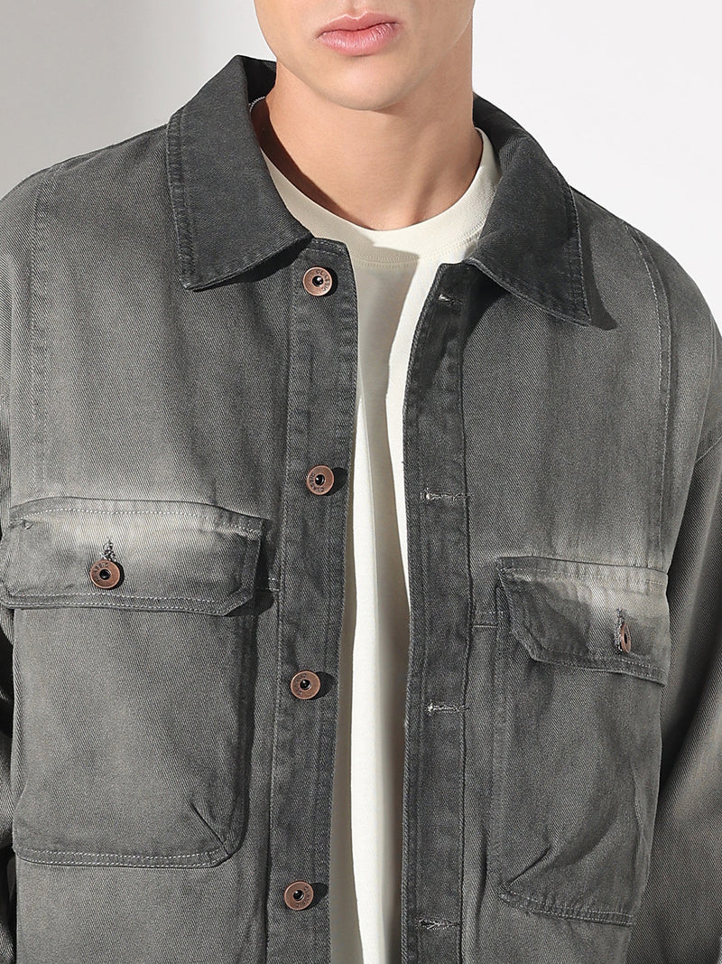 Men’s Grey Washed Denim Jacket, Utility Pocket Design
