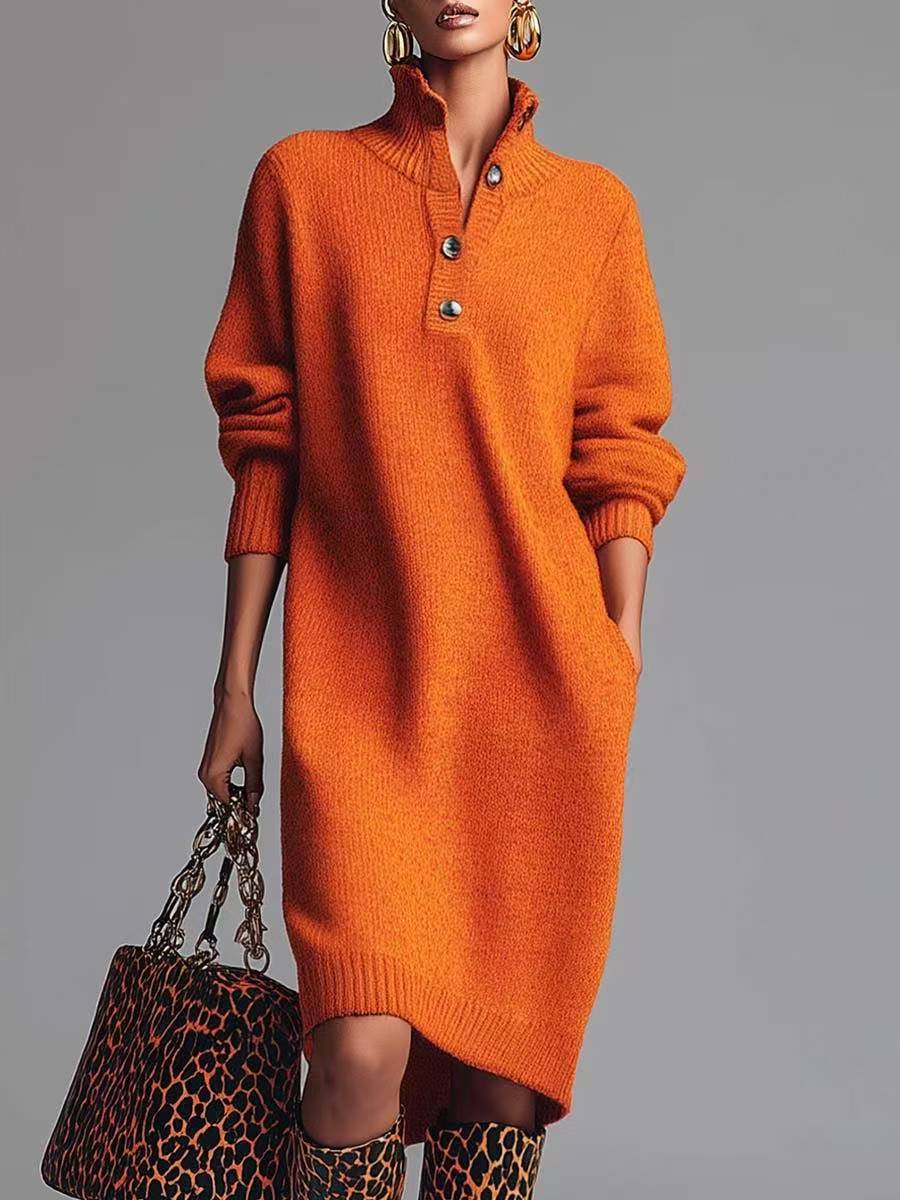Ribbed Knit Midi Dress with Buttoned Stand Collar and Deep Side Pockets