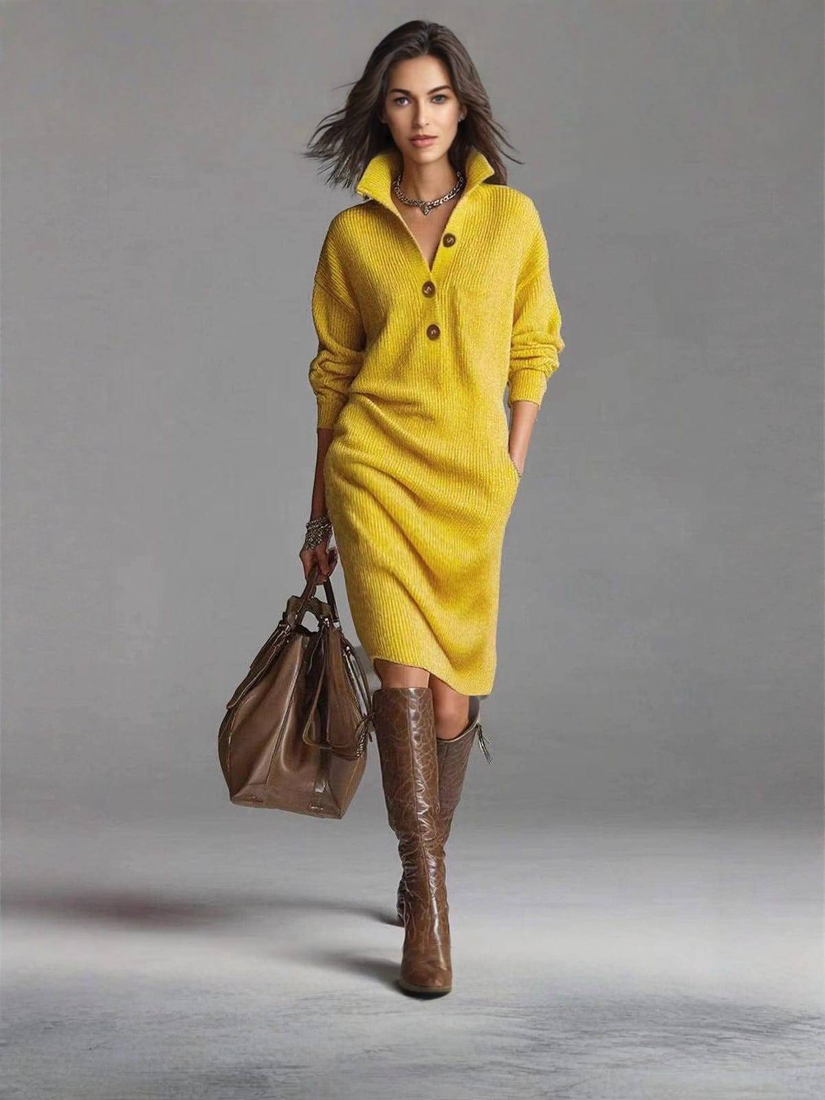 Ribbed Knit Midi Dress with Buttoned Stand Collar and Deep Side Pockets