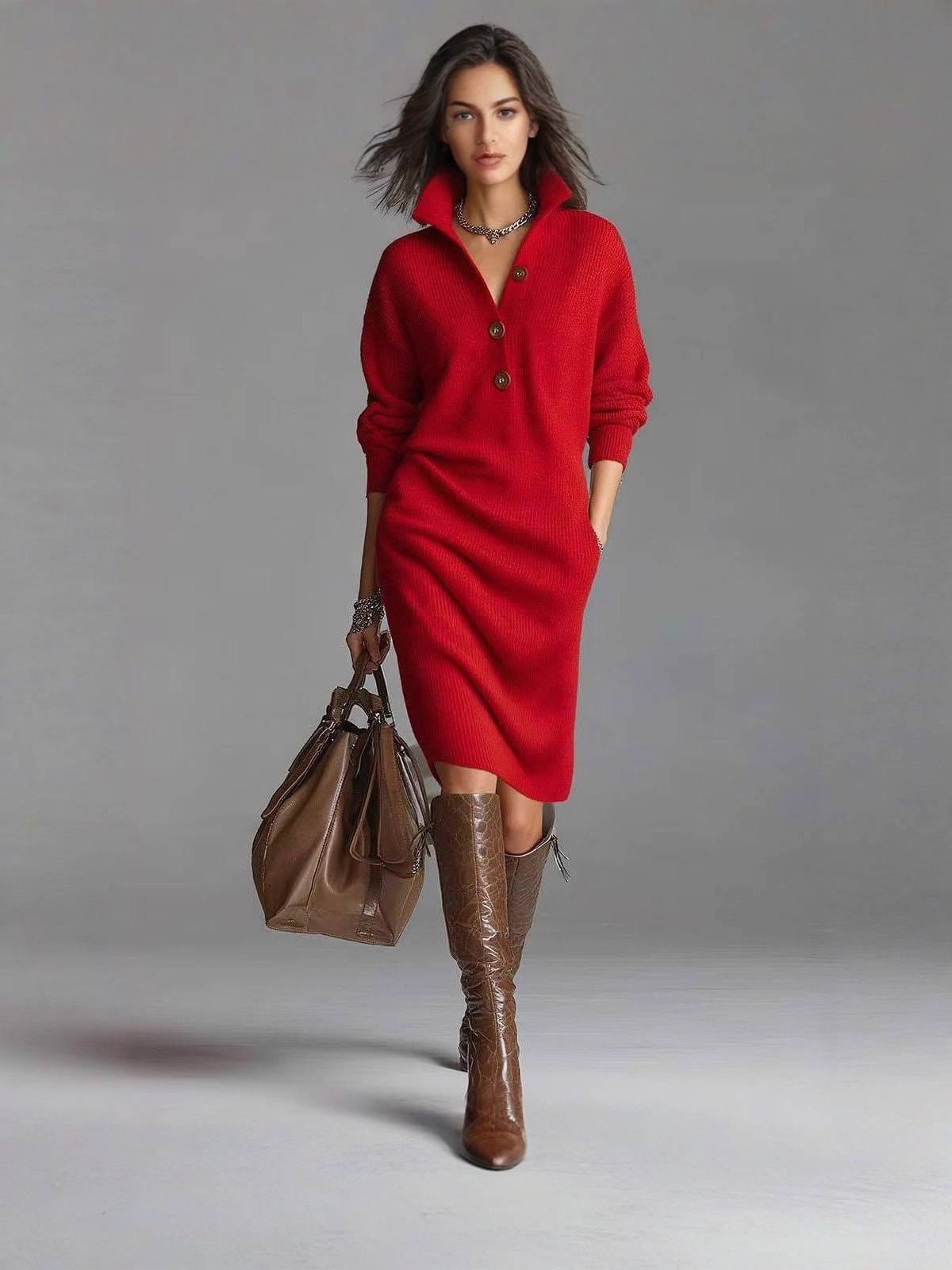 Ribbed Knit Midi Dress with Buttoned Stand Collar and Deep Side Pockets