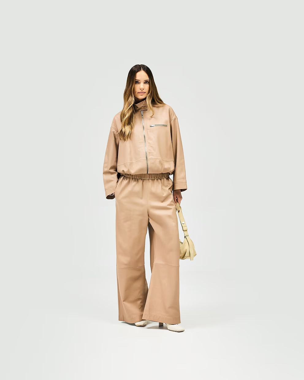 Women’s Leather Fuel Beige Jacket Warm Taupe, 2-Way Zip