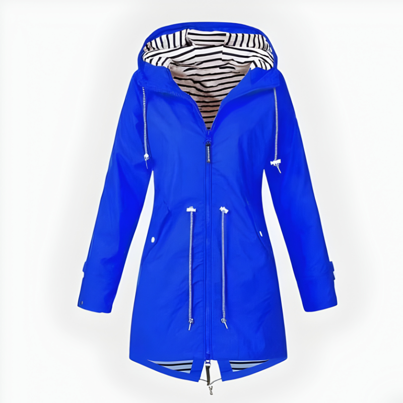 Extended Length Rain Jacket with Adjustable Hood and Front Zipper for Women