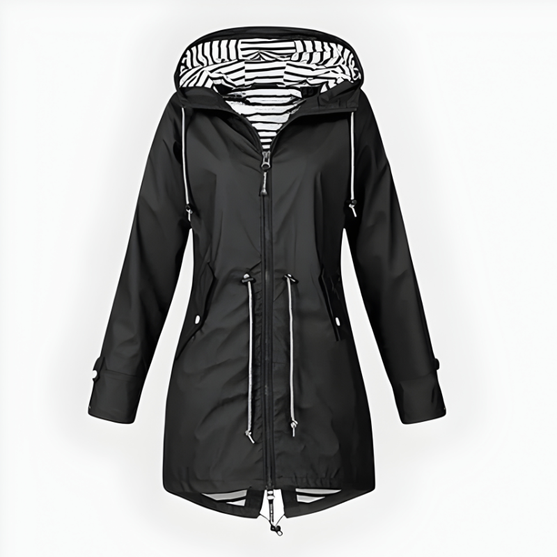 Extended Length Rain Jacket with Adjustable Hood and Front Zipper for Women