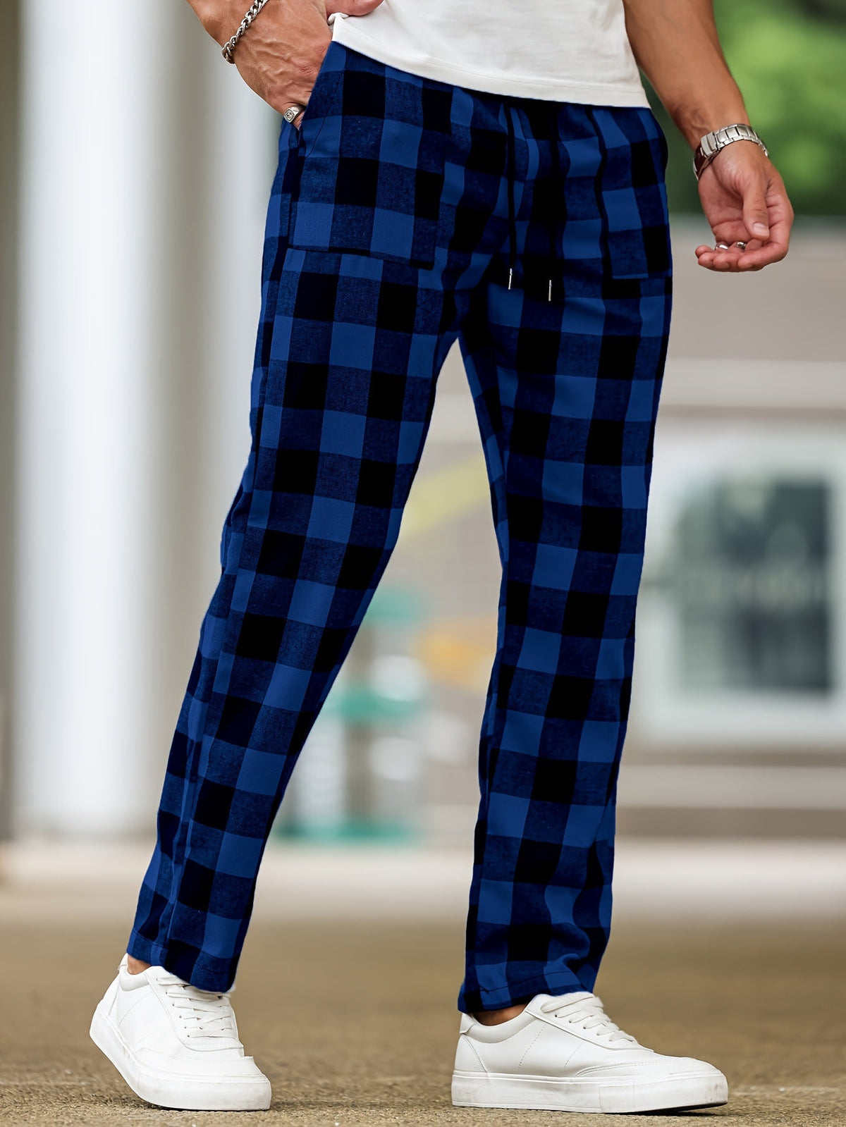 Plaid Lounge Pants with Elastic Drawstring Waist and Relaxed Leg Cut
