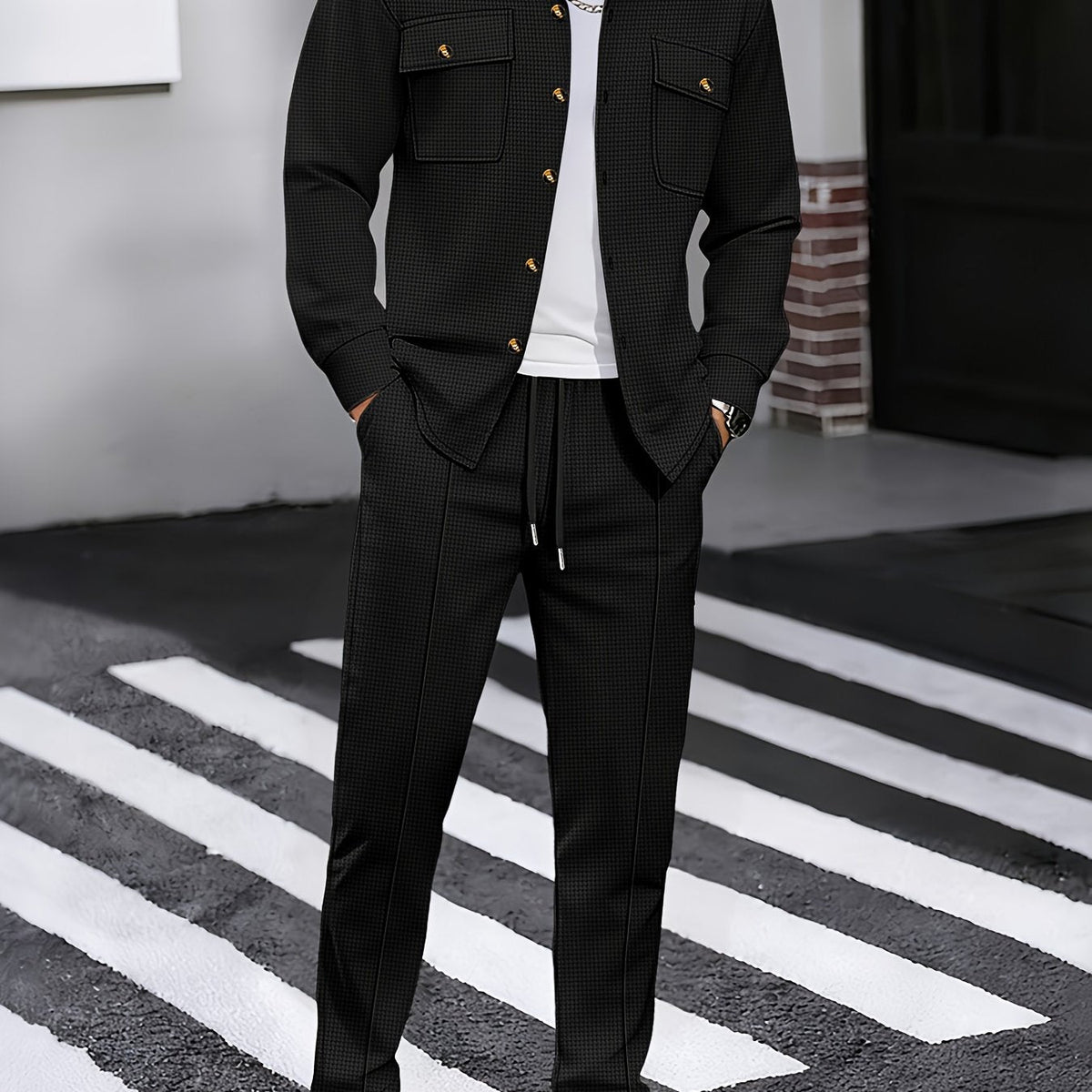 Button Front Top and Matching Trousers with Drawstring Waist, Textured Fabric