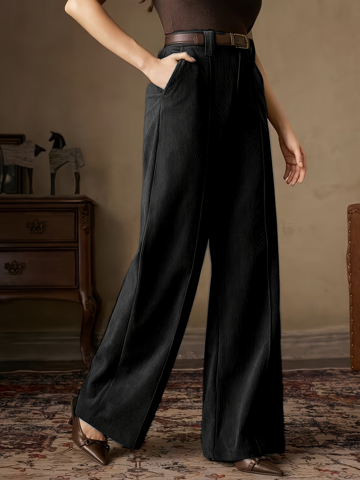Women's High-Waisted Wide-Leg Trousers with Flat Waistband and Machine Washable Fabric