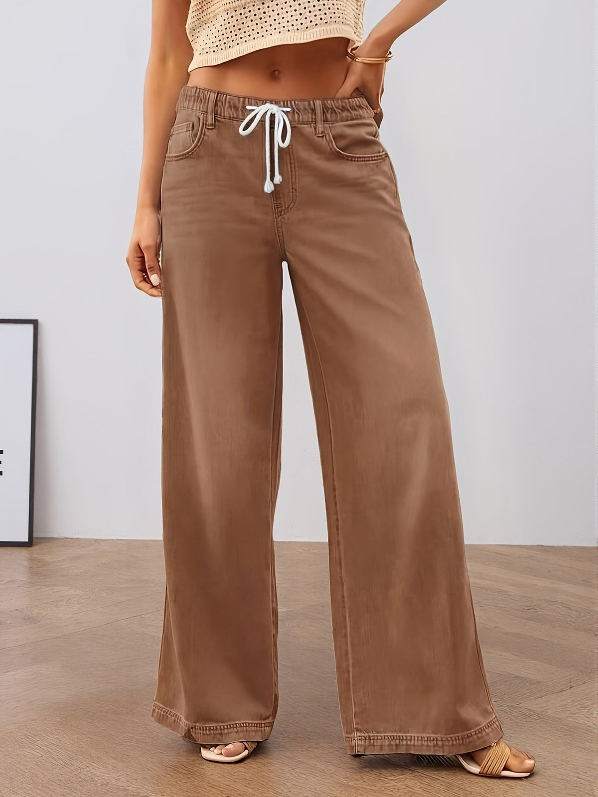 Elastic Waist Wide Leg Pants with High Rise and Functional Pockets