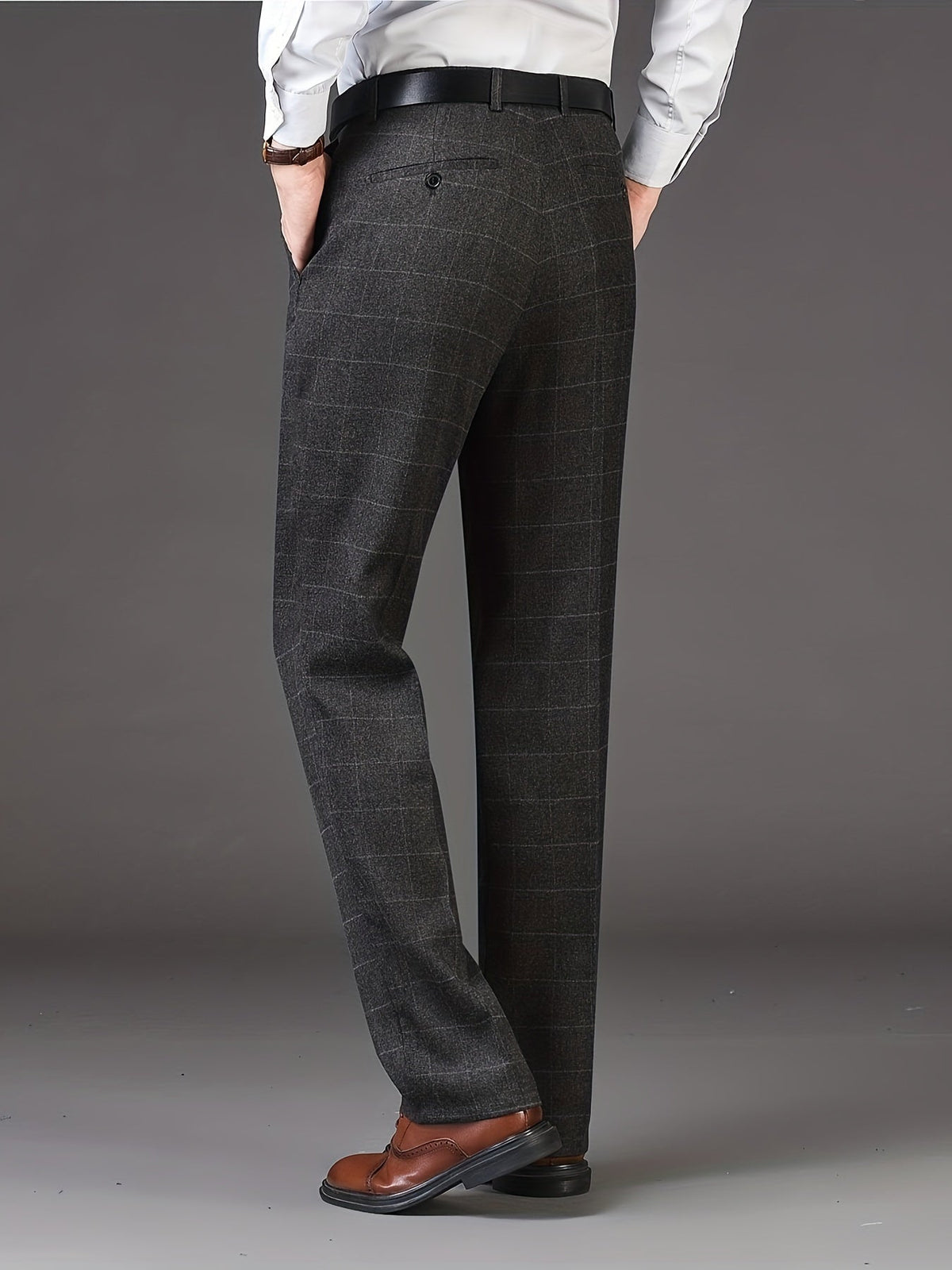 Straight Leg Trousers with High Rise Waist and Check Pattern, Wrinkle Resistant