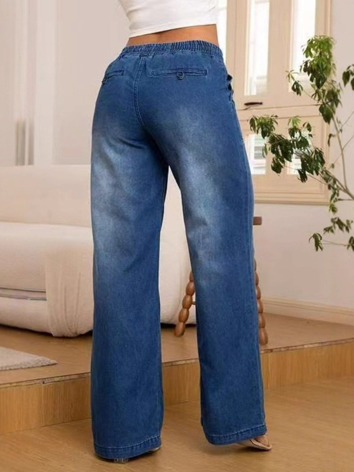 Wide-Leg Trousers with Adjustable Drawstring Waist and Light Wash